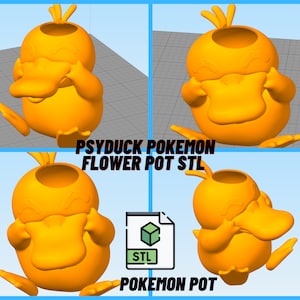 Può includere: Un vaso di fiori in 3D di Psyduck Pokemon di colore giallo. Il vaso ha la forma del Pokemon Psyduck con gli occhi chiusi e il becco che gli copre il viso. Il vaso è progettato per contenere una piccola pianta o un fiore. L'immagine include il testo "Psyduck Pokemon Flower Pot STL" e "Pokemon Pot".