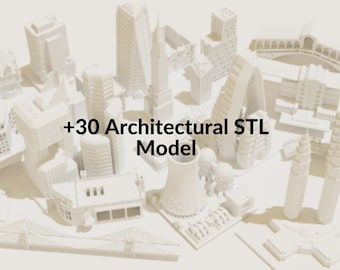 May include: A collection of over 30 white 3D printed architectural models. The models include buildings, bridges, and other structures. The models are arranged on a white surface. +30 Architectural STL Model