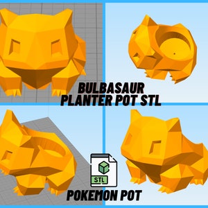 Può includere: Un vaso da fiori stampato in 3D a forma di Pokémon Bulbasaur. Il vaso è arancione e ha un foro nella parte superiore per piantare. Il testo "BULBASAUR PLANTER POT STL" e "POKEMON POT" è visibile nell'immagine.