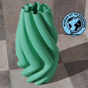 May include: A teal green vase with a unique, twisted, and wavy design. The vase is made of plastic and has a smooth, glossy finish.