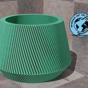 May include: A teal green planter with a unique, geometric design. The planter has a wide, round opening and a narrow base. The planter is made of a smooth, plastic material.