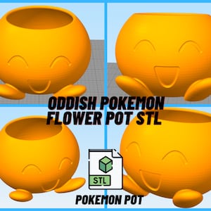 Può includere: Un vaso di fiori Oddish Pokemon di colore giallo stampato in 3D con un viso sorridente. Il vaso ha un corpo rotondo con due piccole gambe e due piccole braccia. Il vaso è progettato per contenere una piccola pianta o un fiore. Il testo "Oddish Pokemon Flower Pot STL" e "Pokemon Pot" è visibile nell'immagine.