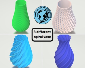 Könnte beinhalten: Vier verschiedene 3D-gedruckte Spiralvasen in Grün, Weiß, Blau und Hellblau. Die Vasen haben alle die gleiche Form, aber unterschiedliche Texturen und Farben.