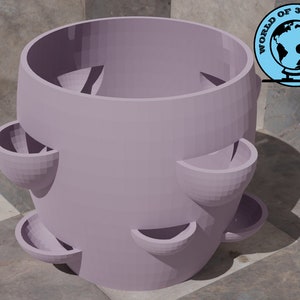 Pode incluir: Um vaso de planta de cor lilás claro, impresso em 3D, com vários vasos pequenos ao redor dos lados. O vaso é projetado para conter plantas pequenas ou ervas.