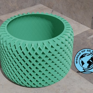 May include: A teal green cylindrical planter with a geometric pattern. The planter is made of a 3D printed material.