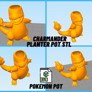 Può includere: Vaso da fiori Charmander arancione stampato in 3D. Il vaso ha la forma del Pokémon Charmander, con una coda che si avvolge attorno al vaso. Il vaso è progettato per contenere una piccola pianta o una succulenta. Il testo "CHARMANDER PLANTER POT STL" è visibile nell'immagine. Il testo "POKEMON POT" è anche visibile nell'immagine.