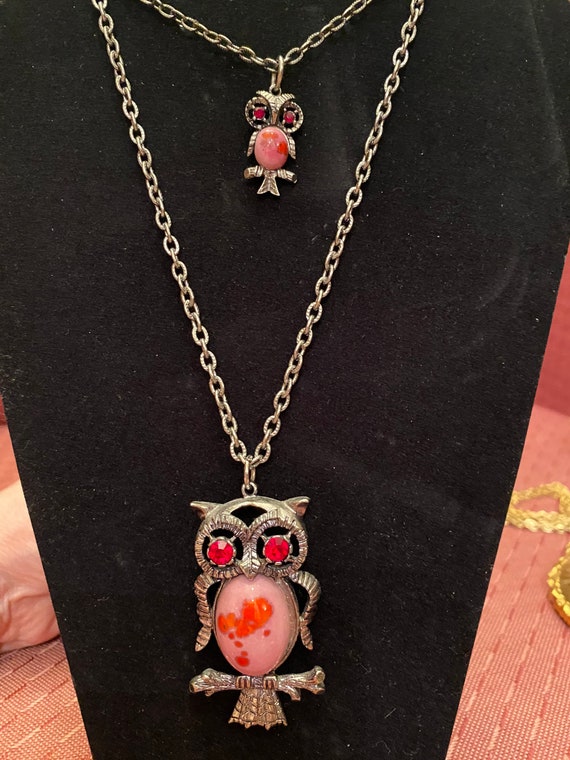 Vintage 2 Owl Necklaces turquoise pink red silver