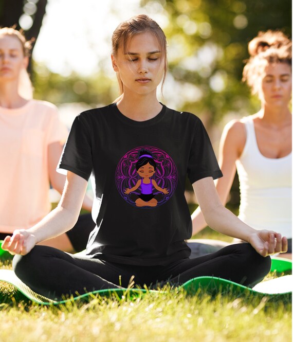 Women s Graphic T shirt Yoga Girl with Pink Purple Mandala Black Hair Unisex Jersey Short Sleeve Tee