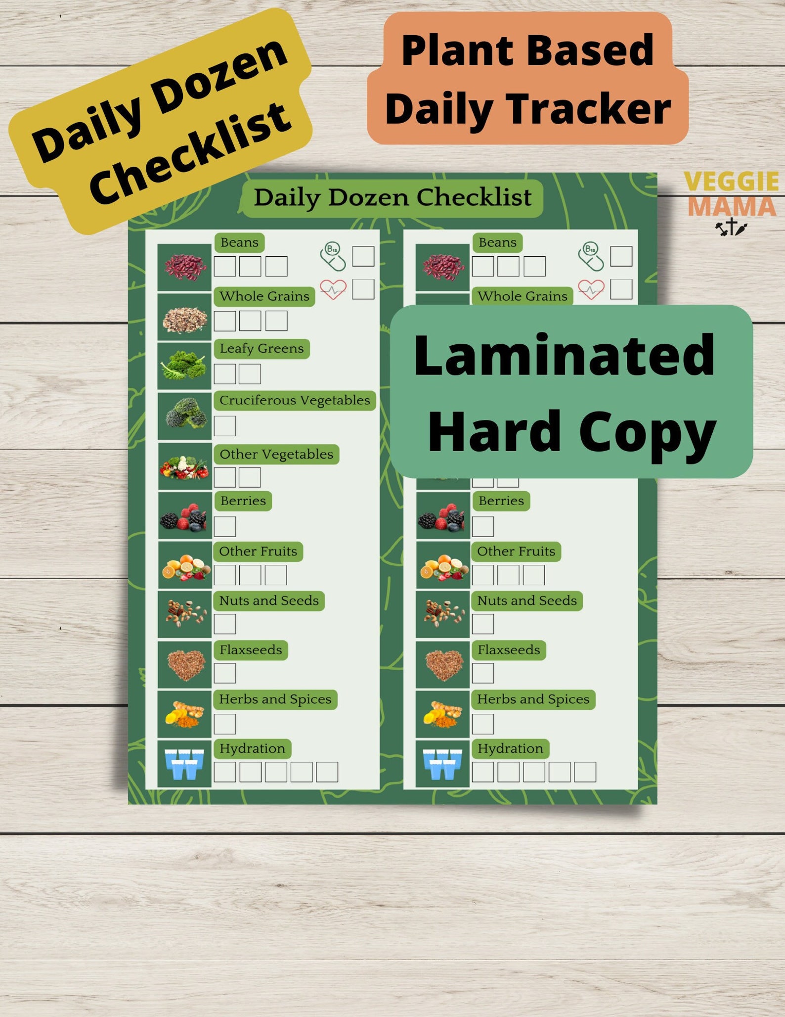 Daily Dozen Checklist Laminated Hard Copy Plant Based Tracker 8.5" X 11 ...