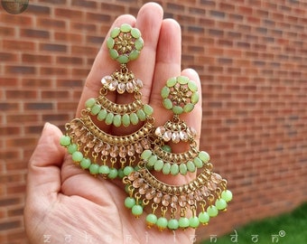 Meenakari Kundan Gold Mint Chaand Bali with Pearls Jhumka Earrings | Ethnic Chandeliers | Pakistani Jewelry |Bollywood Jhumka |Unique