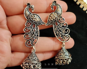 Oxidised German Silver Handcrafted Peacock Black Metal Earrings | Temple Antique Style | Ethnic Danglers | Pakistani | Arabic | Bollywood