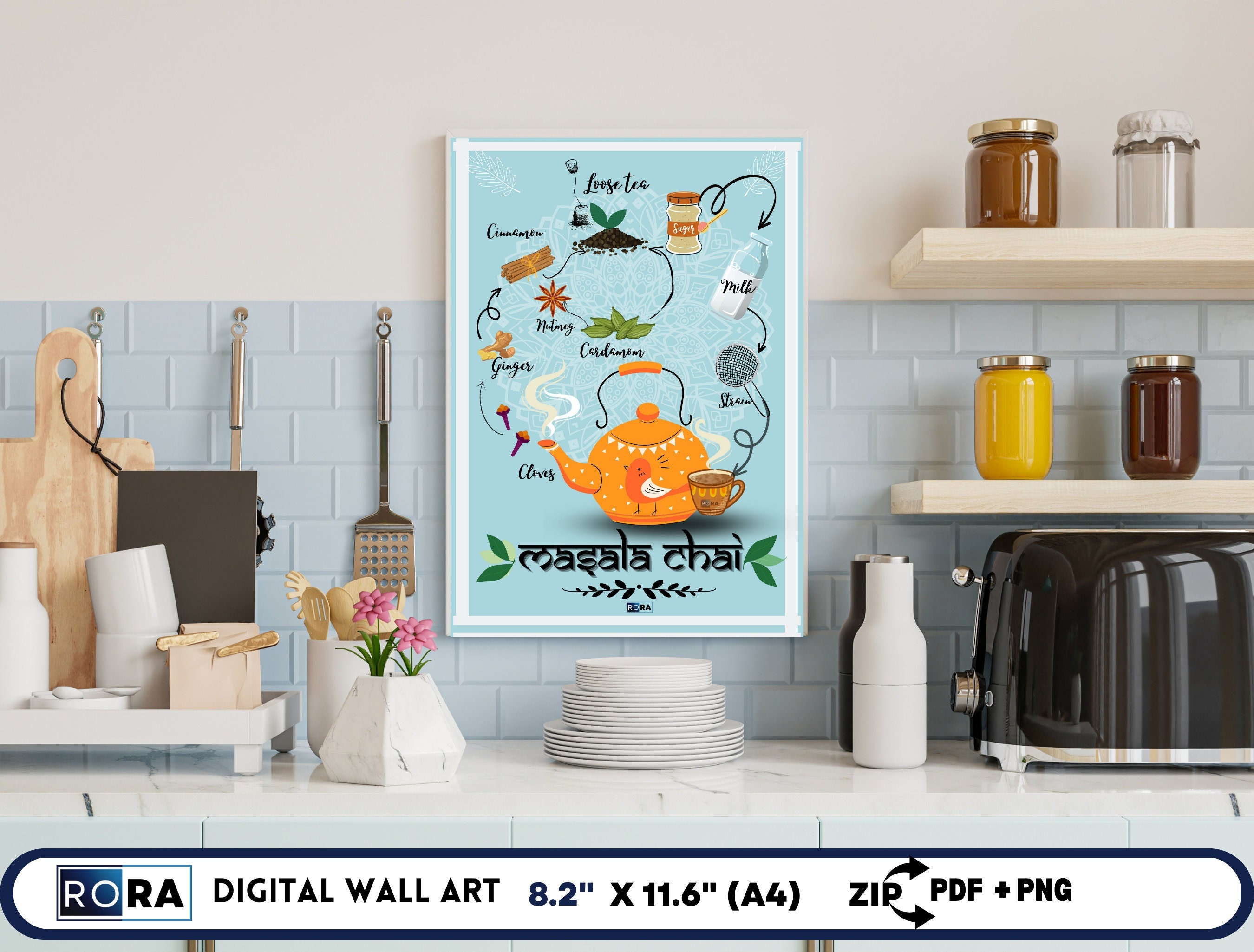 RORA - Tea Lover Digital Wall Art | Indian Chai Wall Art | Chai Restaurant Wall Art | Perfect for gifting and Cafe| Concept Art for Kitchen