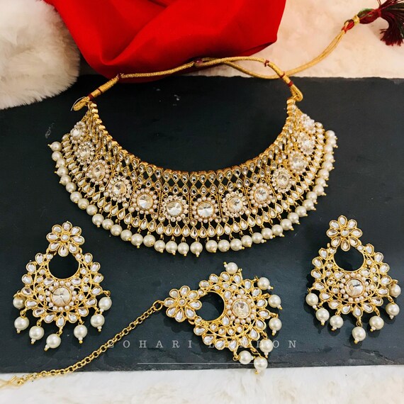 Zohari Gold White Pearl Necklace Set With Earrings Maangtika