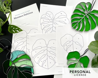 Pattern - Ensemble de feuilles de Monstera Deliciosa pour vitrail - PERSONNEL | Attrape-soleil | Plante d'intérieur | Fromage Suisse | Imprimable | Modèle