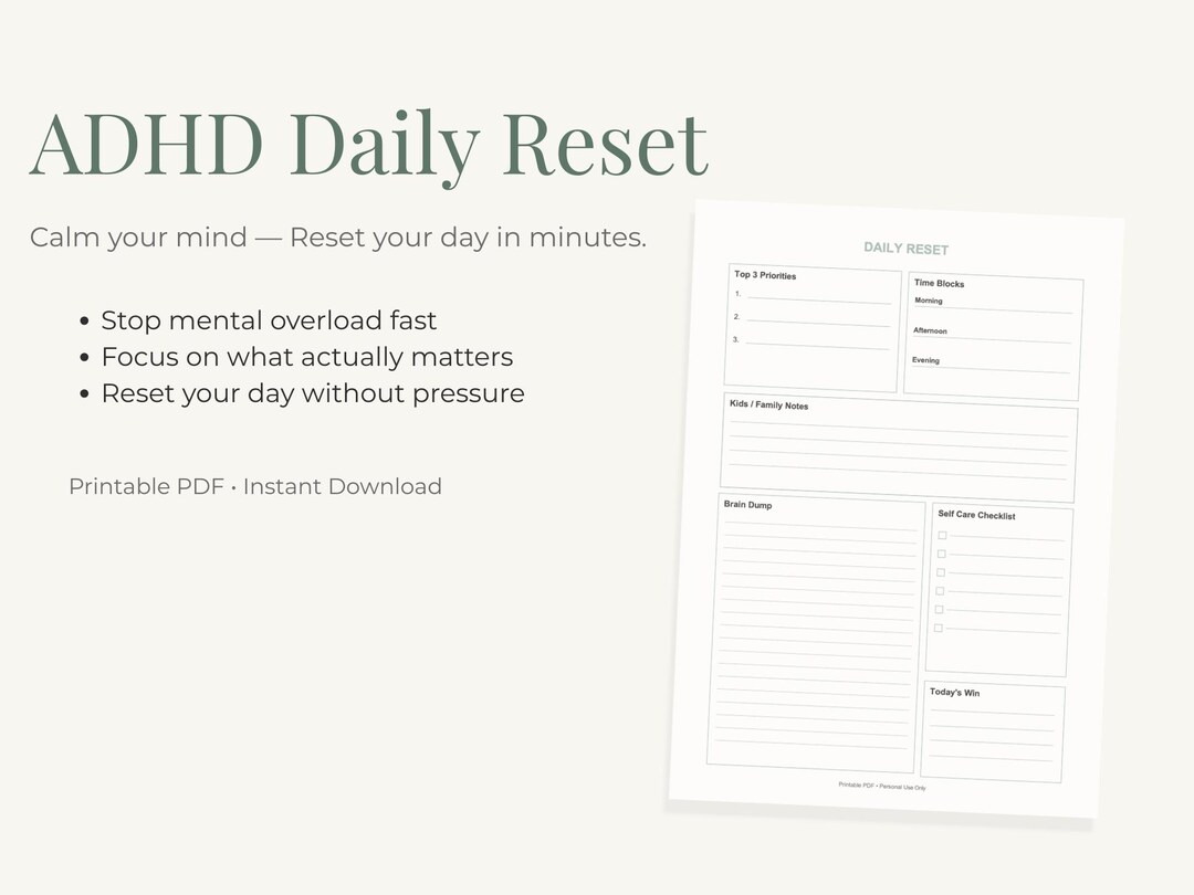 ADHD Mom Daily Reset Planner Printable, A4 Minimal Planner for ...
