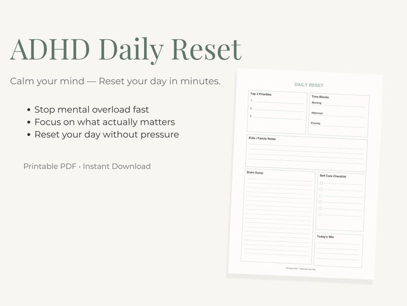 ADHD Mom Daily Reset Planner Printable, A4 Minimal Planner for ...