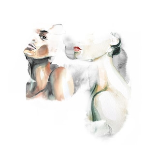 May include: Watercolor painting of two women's faces, one with dark skin and the other with light skin. The women are looking in different directions, and their faces are partially obscured by watercolor washes.