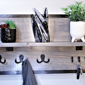 Wood Coat Rack with Shelf, Entryway Shelf with Hooks, Wall Mounted Coat Rack, Key Hooks, Wood Shelf, Wall Storage