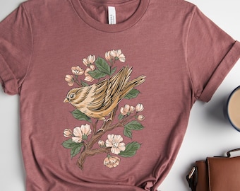 Sparrow bird With Flowers T-shirt, Nature Lover Tee, Gift for Bird Lover, Cute Bird Shirt, Realistic Sparrow Bird Design, Natural T-shirt