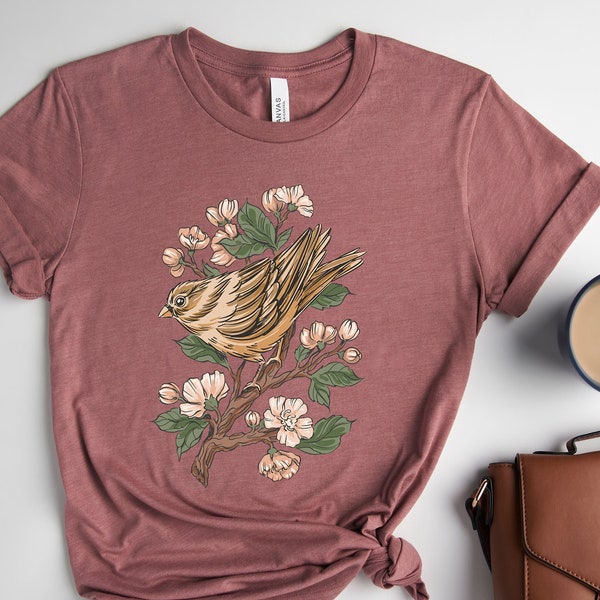 Sparrow bird With Flowers T-shirt, Nature Lover Tee, Gift for Bird Lover, Cute Bird Shirt, Realistic Sparrow Bird Design, Natural T-shirt