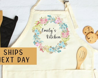 Personalized Floral Apron For Women, Custom Aprons With Pockets Chef, Custom Gift for Wife, Chef Apron, Kitchen Apron Mother&#39;s Day Gift.