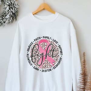 Leopard Print Breast Cancer Sweater, Fighter Sweatshirt, Breast Cancer Awareness Sweatshirt, Positive Vibes Sweater, Pink Ribbon Sweatshirt,