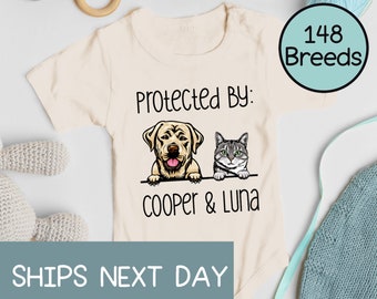 Personalized Baby Shower Gift®, Custom Protected By Pets Onesie®, Custom Dog and Cat Breeds Baby Bodysuit®, Cute Personalized Baby Gift.