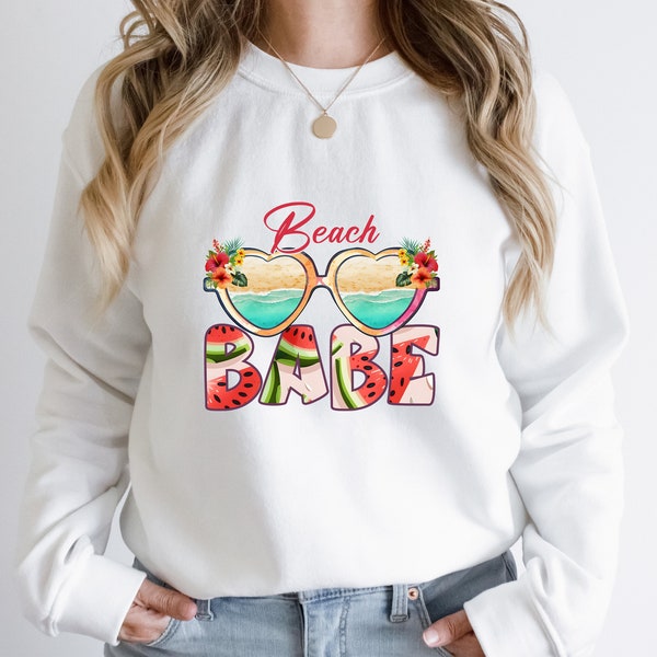 Cool lunettes de soleil Graphic Beach Babe Sweatshirt, pull d'été, cadeau de voyage pour filles, pull de vacances d'été, pull de demoiselle d'honneur de plage,