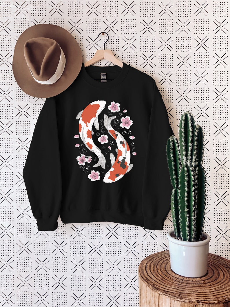 Koi Fish Sweater, Koi Ying yang Fish Sweatshirt, Japanese Street Wear, Aesthetic Sweat, Japanese Sweater, Japanese Artwork, Luck Sweat image 2