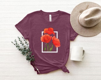 Floral Shirt, Red Poppy T- Shirt, Nature Lovers T-shirt Gift, Women Trendy Shirt, Summer Tee, August Birth Flower Shirt, Cute Flower Tee