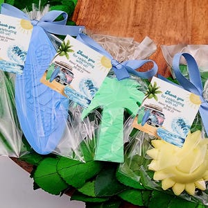 Surfing baby shower favors - Surf’s Up Baby Shower Favors – Tropical Soap Set – Beach Theme Party Gift – Personalized Tags – Fully assembled