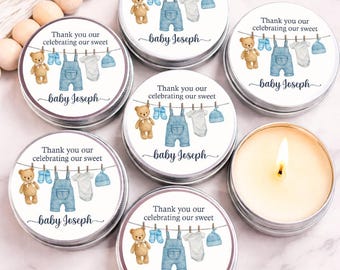 Baby Shower Candle Favor Boy Clothesline, Blue Baby Tin Candle, Personalized Favor
