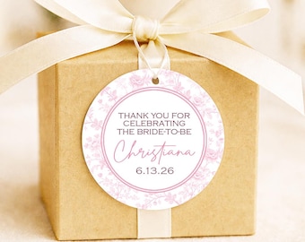 Pink Toile Favor Tag, Bridal Shower Thank You, Custom Wedding Label
