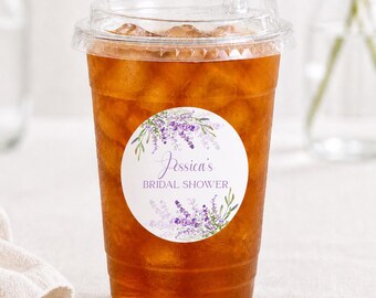 Lavender Personalized Drink Cups with Lids, Bridal or Baby Shower Favors Set of 12