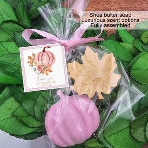 Pink pumpkin soap favors for fall themed baby showers, birthday party, autumn event, wedding, bridal shower. Fully assembled, scented