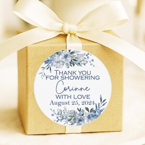 Dusty Blue Bridal Shower Favor Tags or Stickers, Personalized Blue Floral Labels