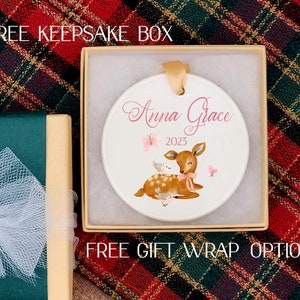 Personalized baby deer ornament - Woodland baby ornament - Ceramic deer ornament - girl deer ornament