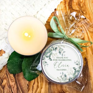Eucalyptus Bridal Shower Candle Favors – Greenery Theme Thank You Gift – Personalized Soy Candle Tin – Botanical Wedding Shower Favor