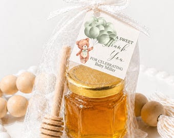 Teddy Bear Baby Shower Honey Favor Kit, DIY Mini Jar with Dipper and Tag