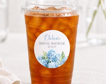 Hydrangea Personalized Drink Cups with Lids, Bridal or Baby Shower Drinkware - Set of 12