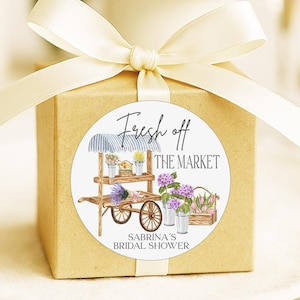 Fresh Off the Market Bridal Shower Stickers – Personalized Favor Tags – Flower Cart Theme – Round Gift Labels – Custom Market Bridal Decor