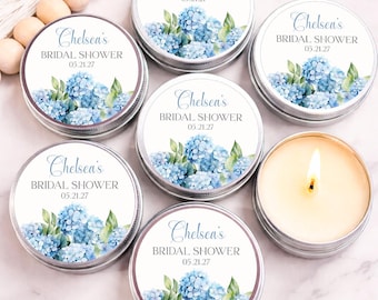 Personalized Hydrangea Candle Favors: Blue Floral Bridal Shower Gifts