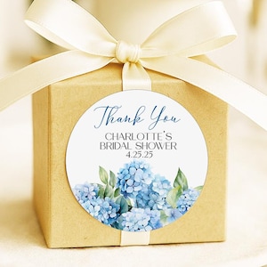 Hydrangea Bridal Shower Stickers – Personalized Thank You Labels – Blue Floral Favor Tags – Printed and Shipped – Round Gift Stickers