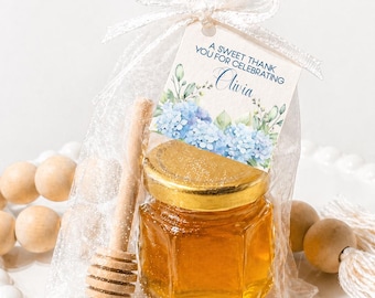 Hydrangea Honey Jar Favor Kit, DIY Mini Jar with Dipper, Personalized Tag