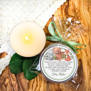 Woodland Prayer Candle Favor – Forest Animal Baby Shower Guest Gift – Personalized Keepsake Candle