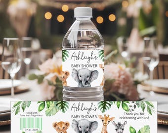 Safari Baby Shower Water Bottle Labels: Jungle Animals, Personalized Stickers - Set of 10