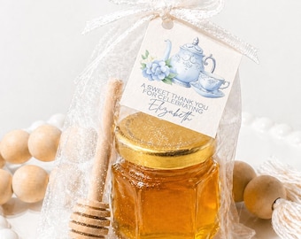 Blue Tea Party Honey Favor Kit, Floral Shower Gift, Personalized Tag