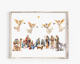 May include: Watercolor print of a Nativity scene, featuring angels, the Three Wise Men, and the Holy Family. The artwork is framed in a rustic, light-colored wooden frame, perfect for Christmas decor.