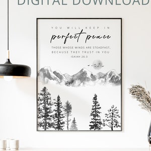 Bible Verse Printable Wall Art Isaiah 26:3, Perfect Peace, Scripture Christian Faith Poster, Monochrome Mountains Range Landscape, Baptism
