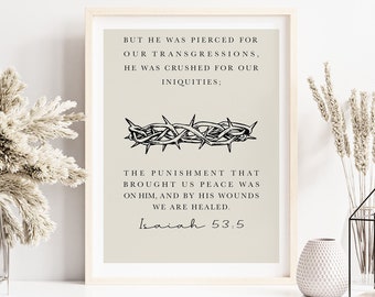 Isaiah 53:5 crown of thorns Bible Verse printable, Religious Easter Decoration, Modern Christian wall art print, minimalist Easter decor